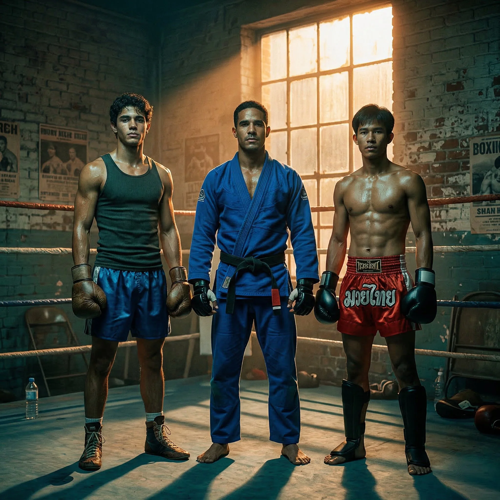 Three male fighters standing in a boxing gym with a brick wall and posters in the background, wearing boxing gear and barefoot, lit by sunlight coming through a window.