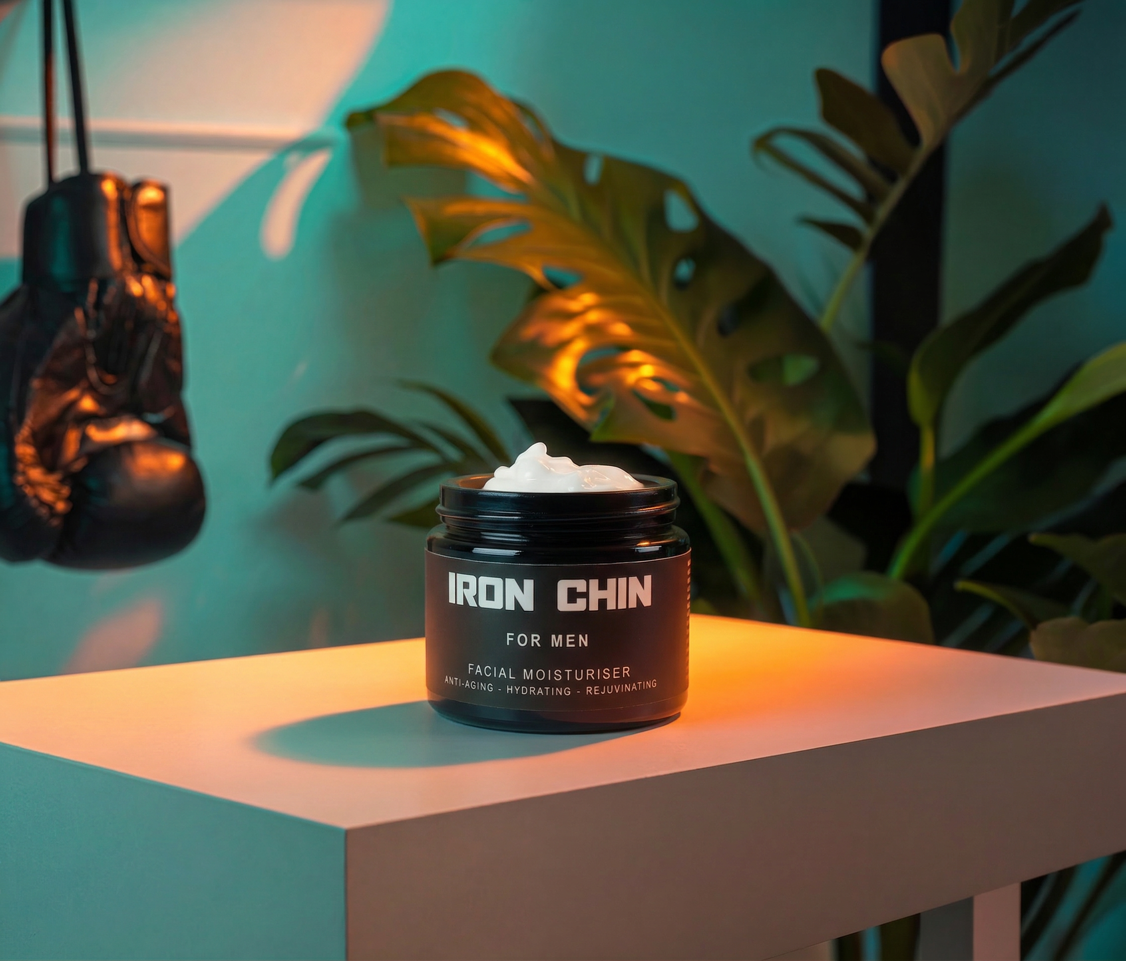 An opened black cosmetic jar of face moisturizer labeled 'Iron Chin for Men' with smooth white cream visible, placed on a white shelf with colorful lighting a pair of boxing gloves hanging on the wall and green houseplants in the background.