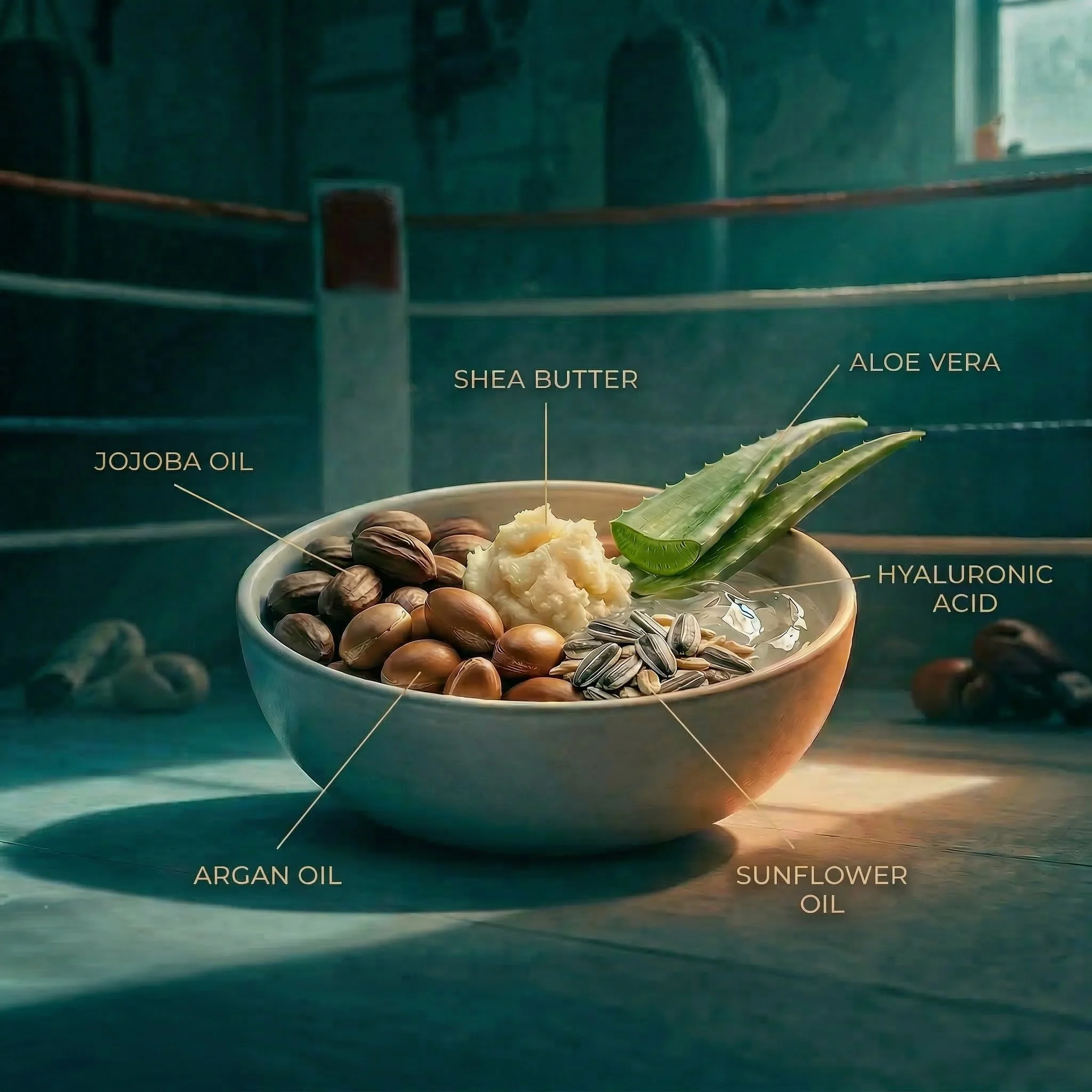 Close-up of a bowl containing various skincare ingredients labeled as shea butter, aloe vera, argan oil, sunflower oil, and hyaluronic acid, with a green plant leaf in the foreground.