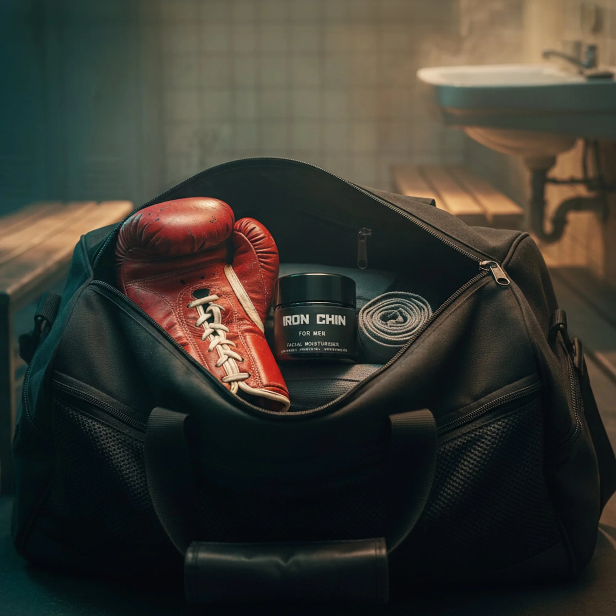 A partially open black gym bag / martial art bag, containing a pair of red boxing gloves, a black miron glass cosmetic jar labeled 'Iron Chin Facial moisturiser,' and a hand wraps.
