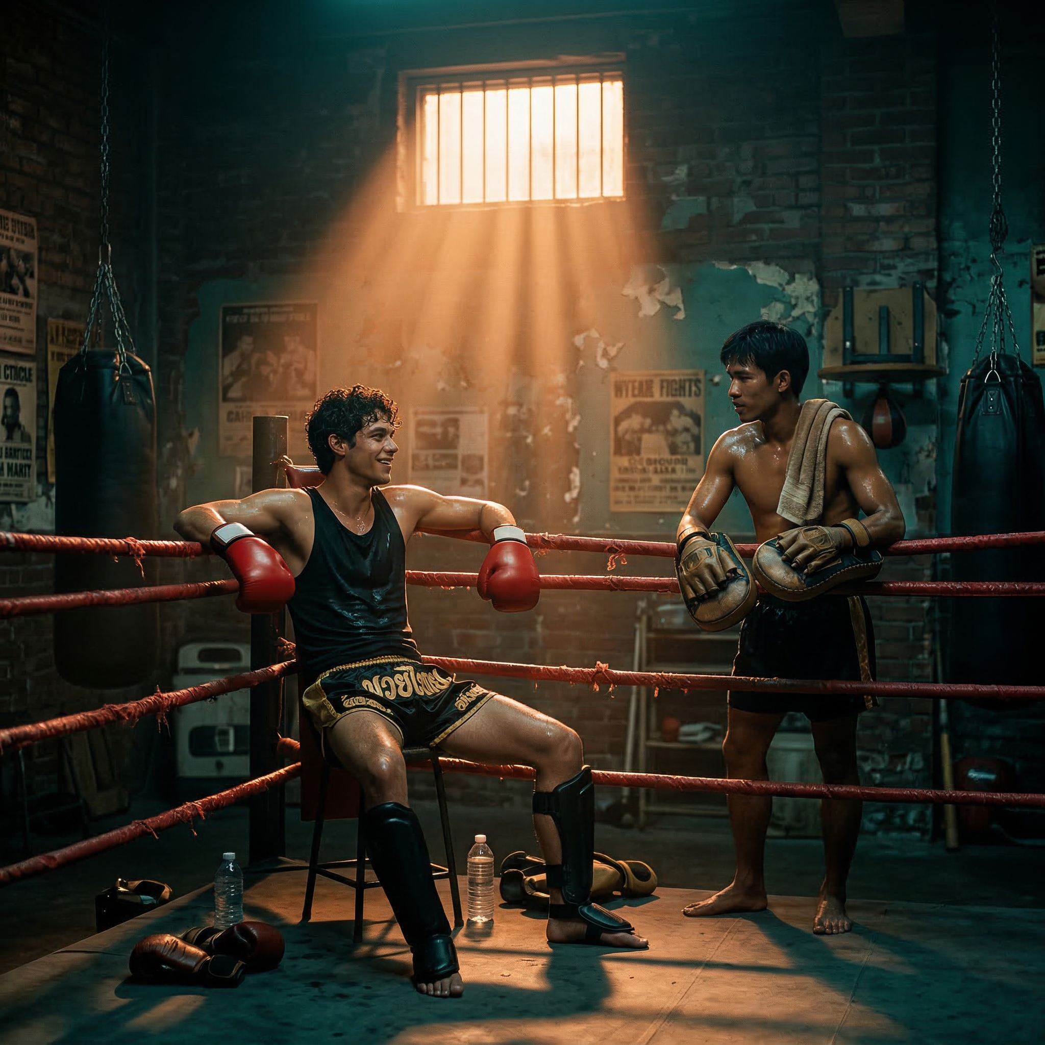 Two young men resting after Thai boxing training in a gym with punching bags and posters on brick walls, sunlight coming through a window