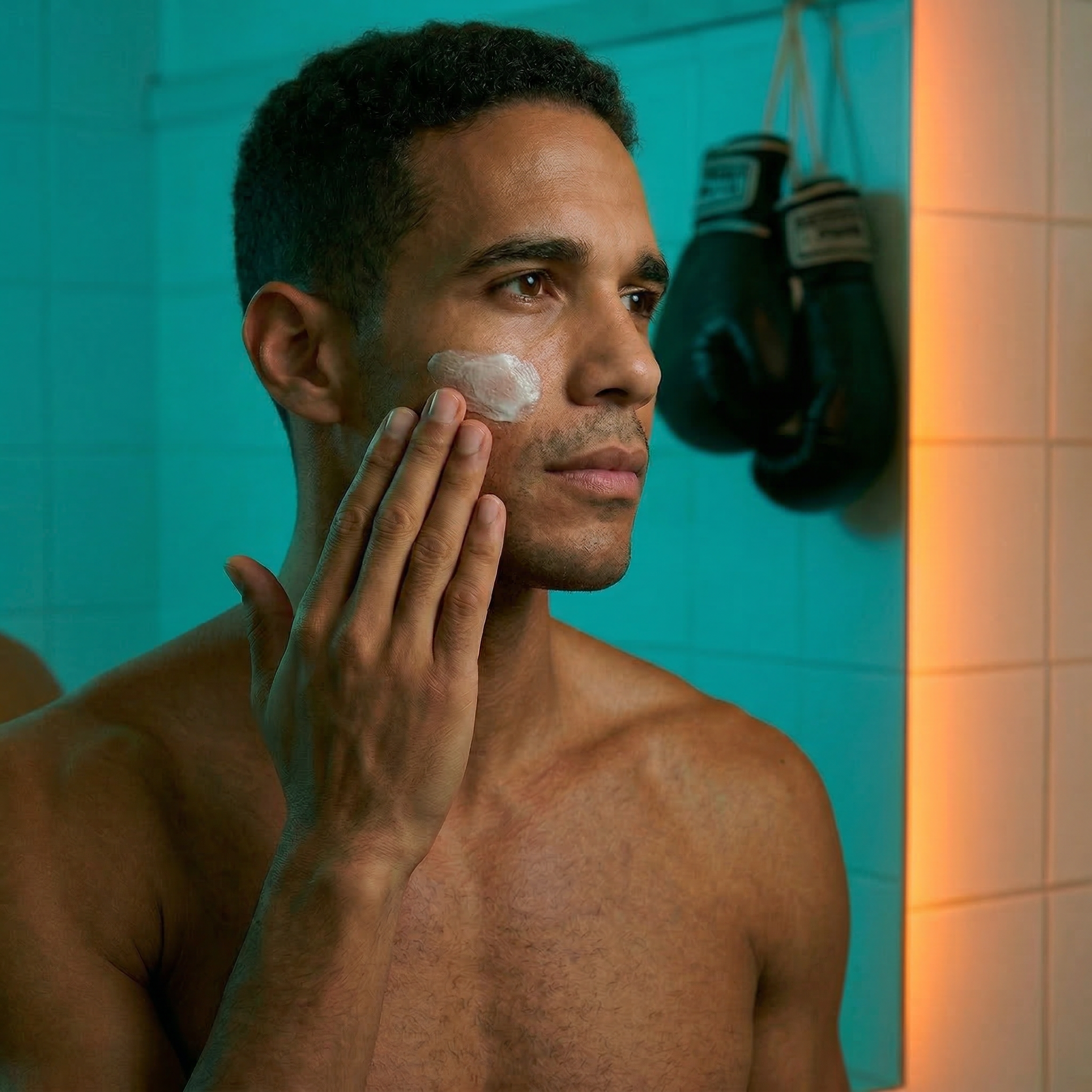 A mixed race man with curly dark hair applying facial moisturiser, standing in a bathroom with turquoise and beige tiled walls, and a pair of boxing gloves hanging on the wall in the background.