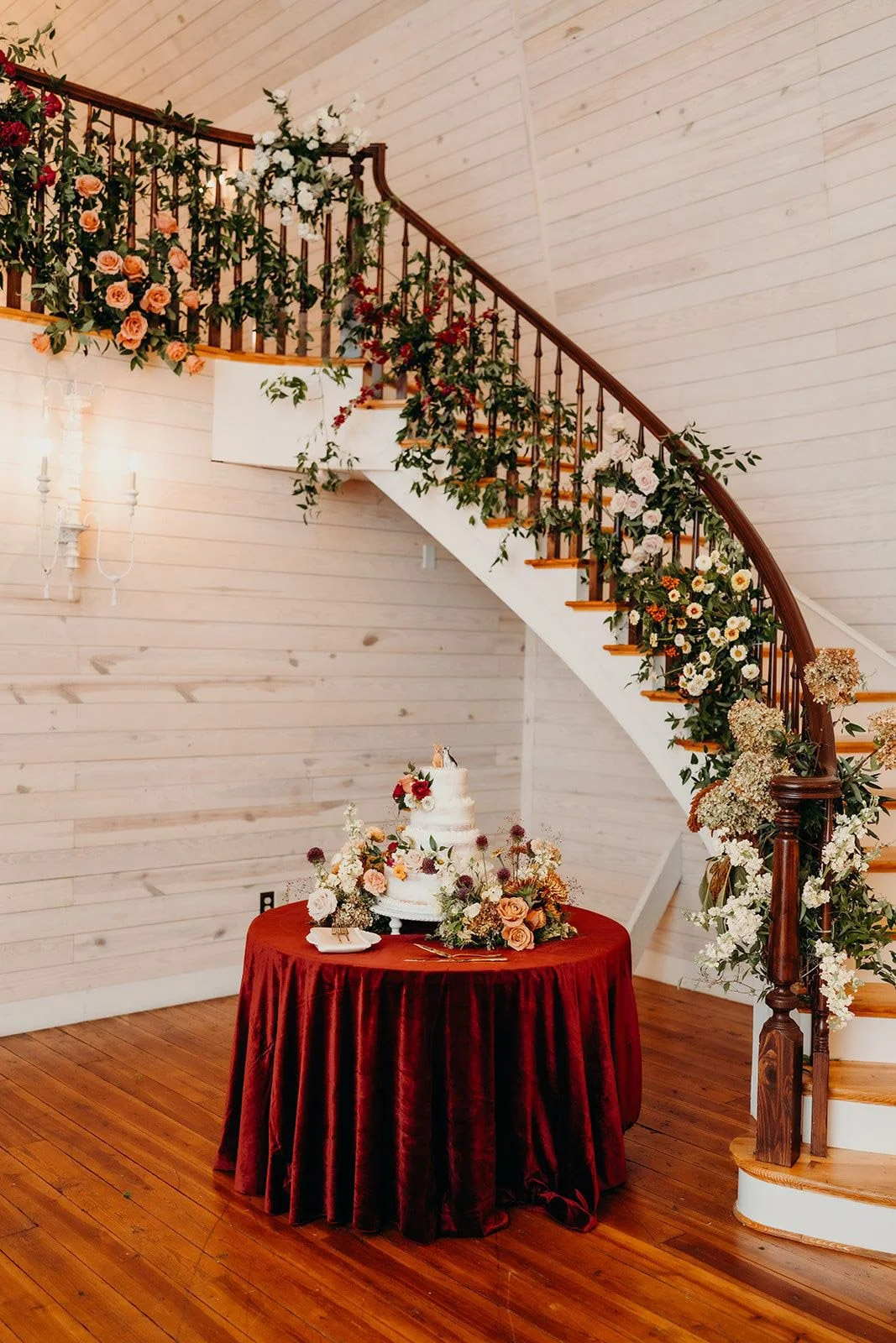 Cake Table and Staircase Greenery at The Wakefield Barn