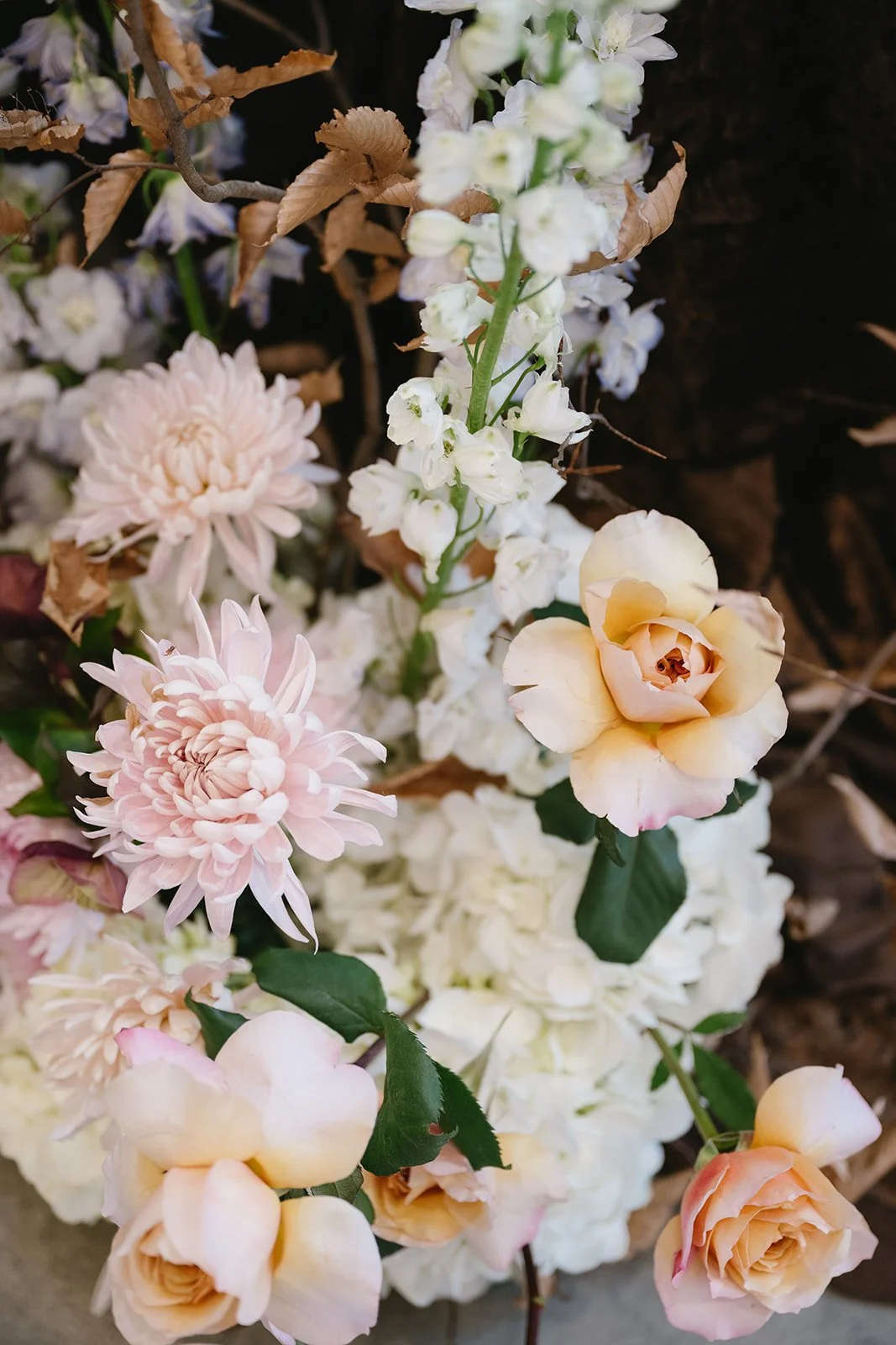Close-up of a floral arrangement with pink chrysanthemums, white delphiniums, peach roses, and dried leaves.