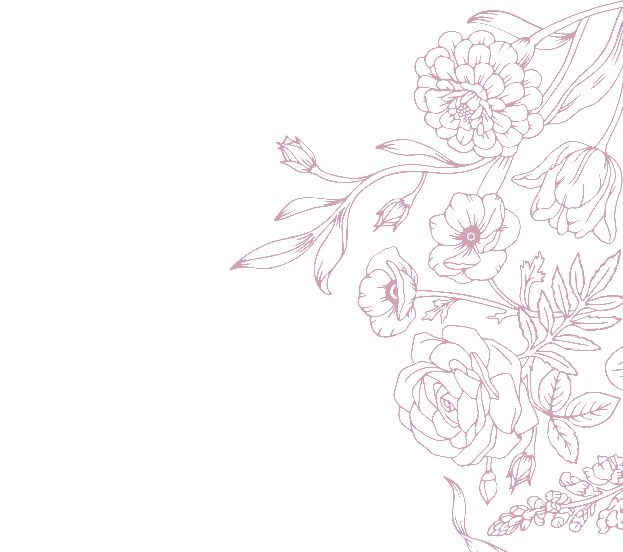 Elegant floral line art design with pink outlines of flowers and leaves on a black background.