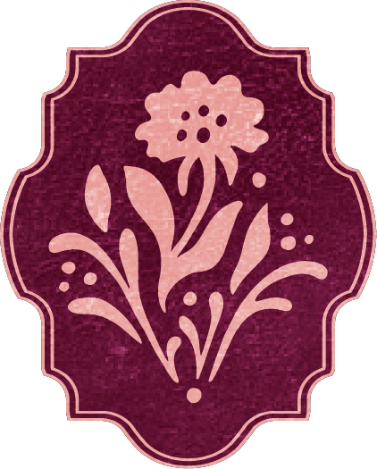 A pink floral design on a maroon background with a decorative border.