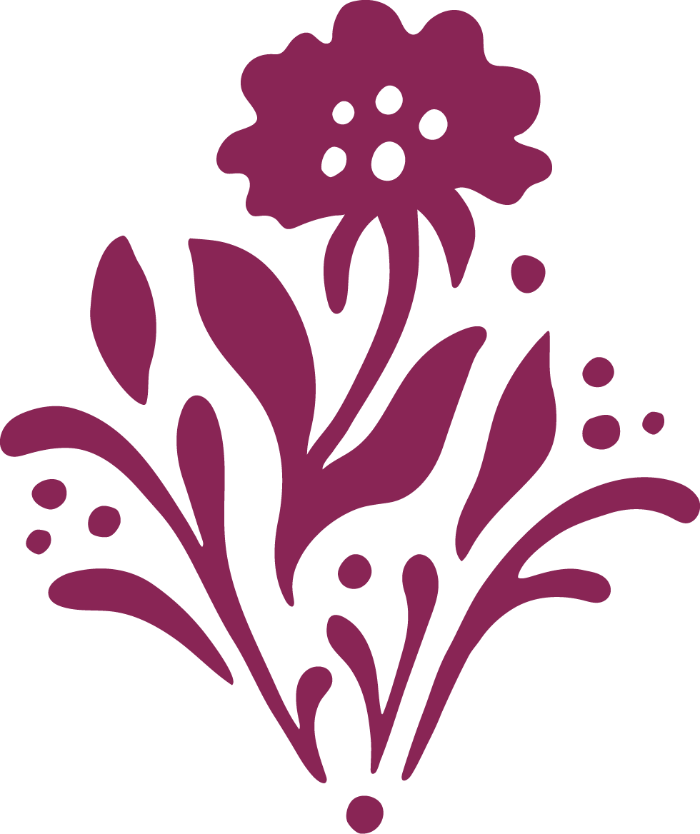 A stylized purple floral design with a large flower, leaves, and small decorative dots on a transparent background.