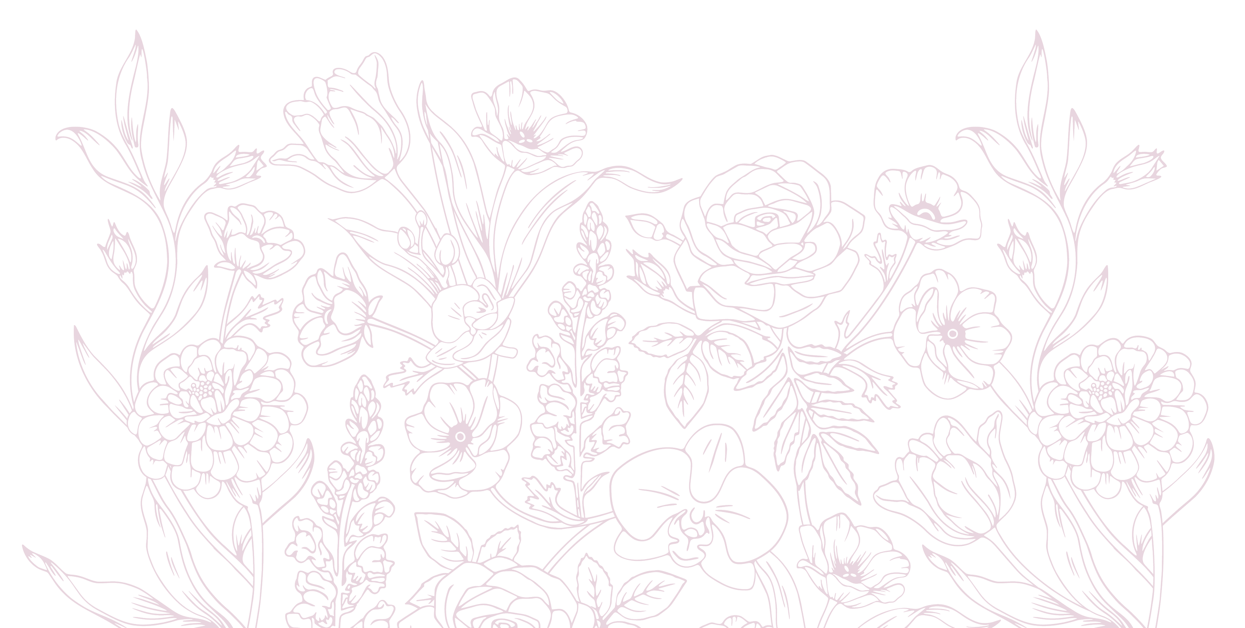 A line drawing of various flowers and leaves in purple on a black background.