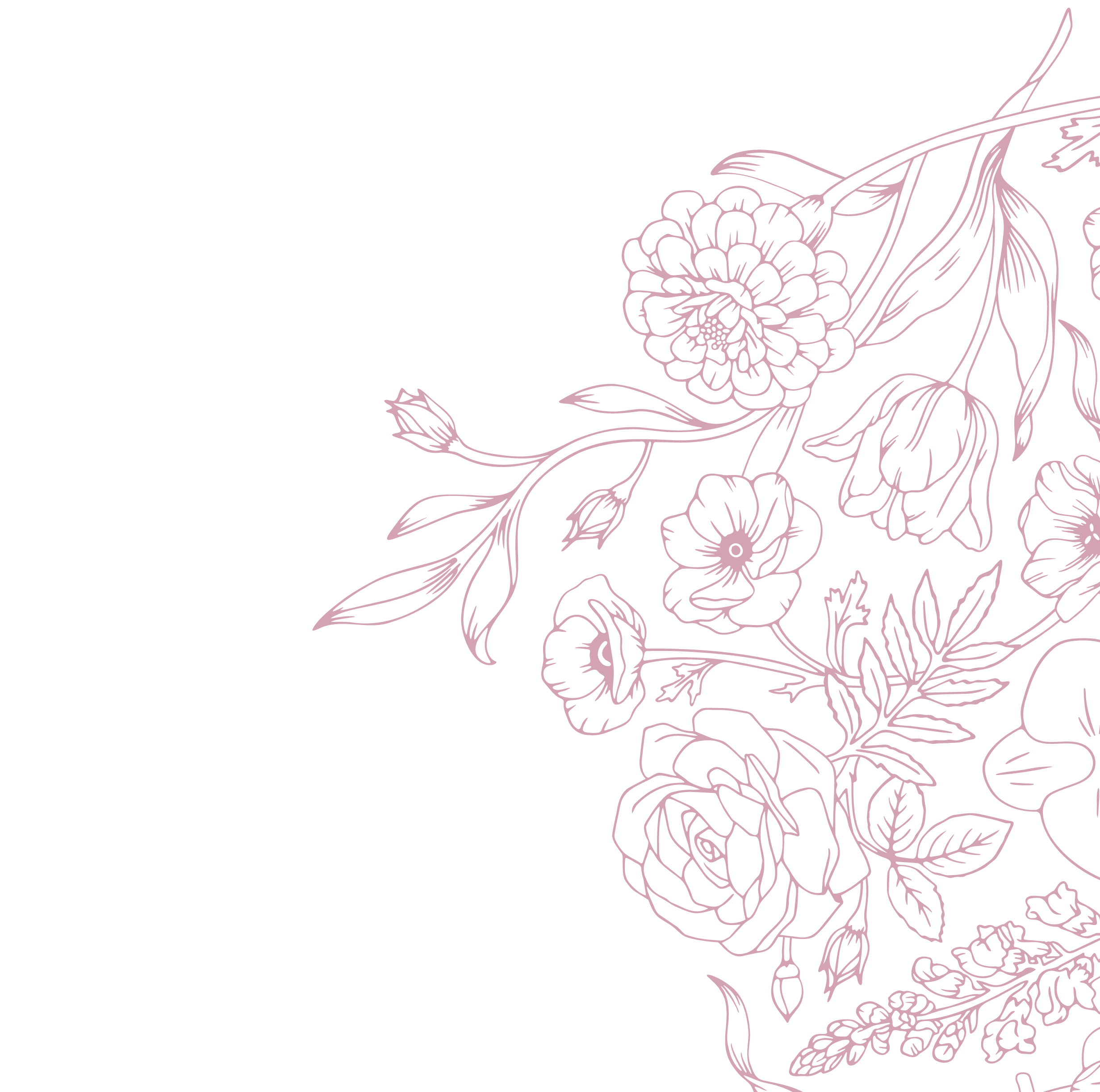 Line drawing of various flowers and leaves in purple on a black background.