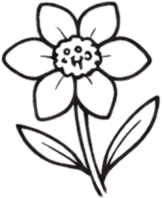 Outline drawing of a flower with five petals, a central cluster of smaller circles, and two leaves at the base.
