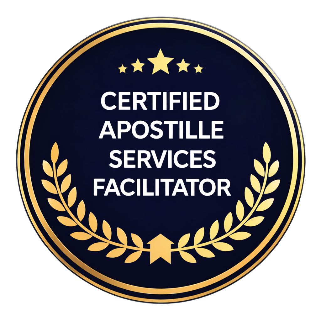 A circular badge with a dark blue background and gold border, featuring gold stars and laurel wreaths, with the text 'Certified Apostille Services Facilitator' in white.