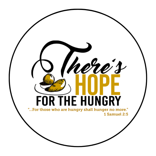 A graphic with the text "There’s HOPE for the hungry" and a quote from 1 Samuel 2:5, featuring a loaf of bread and wheat stalks illustration.