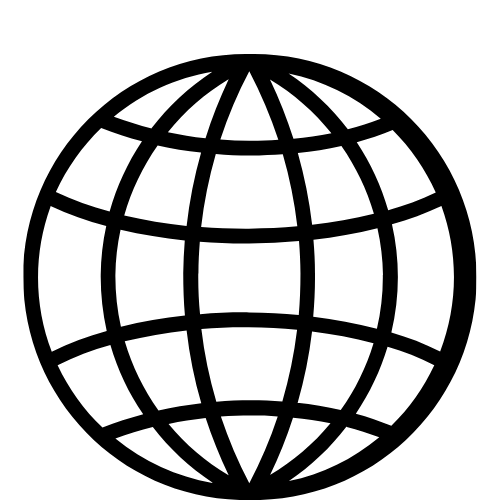 Simplified black and white globe icon with latitude and longitude lines.
