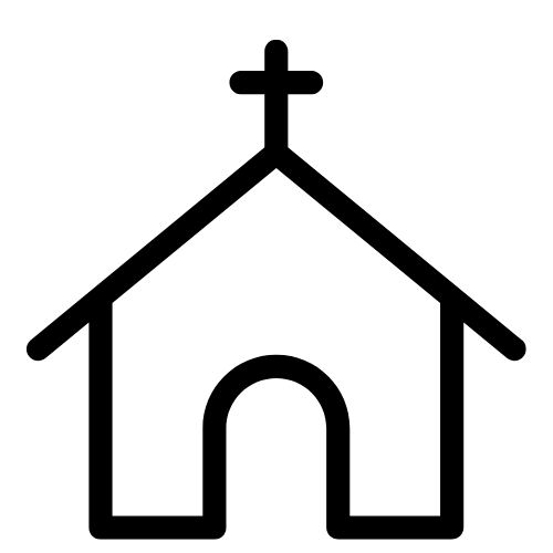 Simple black outline of a church with a cross on top.