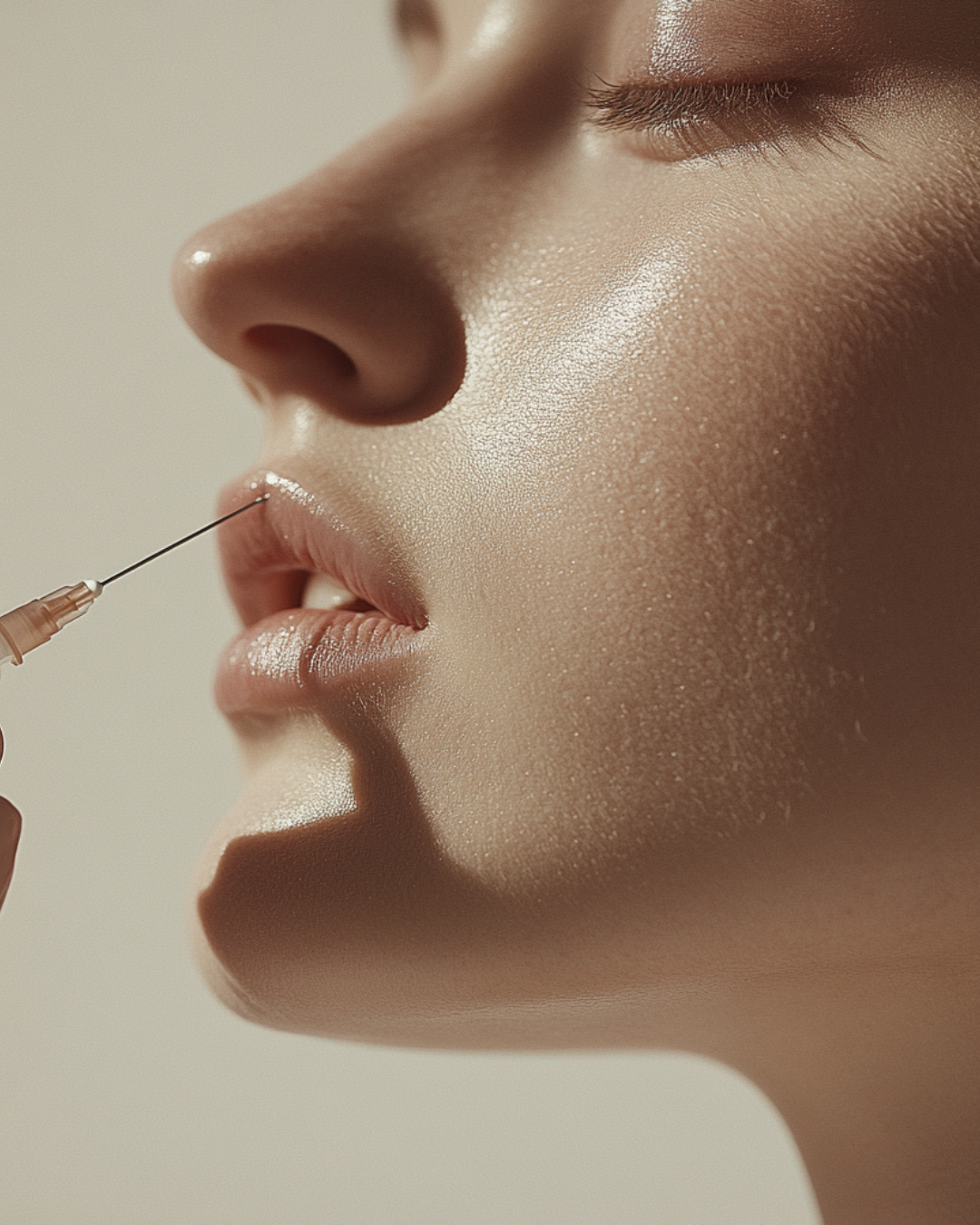 Close-up of a woman with light skin receiving a cosmetic injection near her lips.