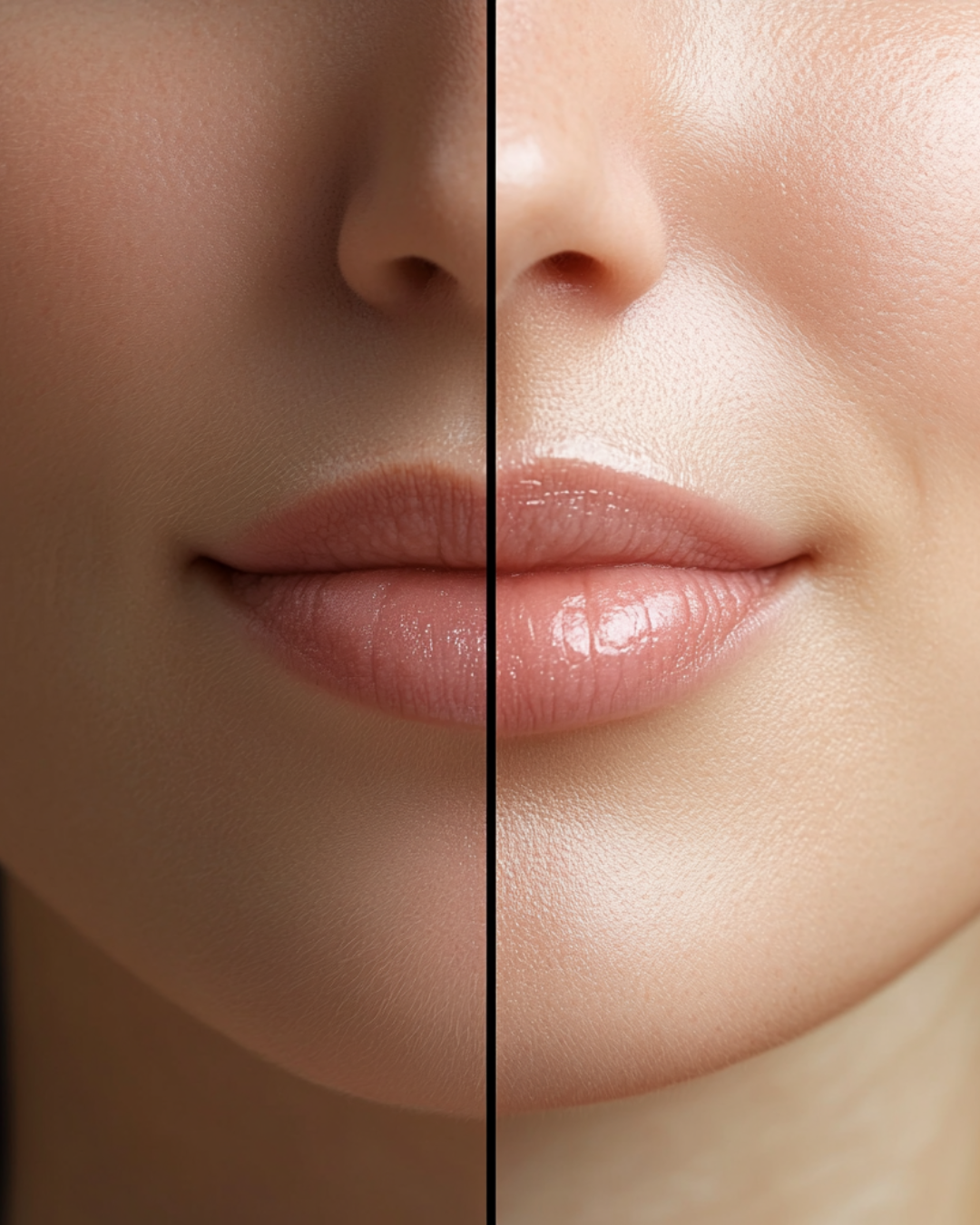 Close-up of a woman's face showing a comparison of skin texture and tone, with a vertical line dividing the image into two halves.