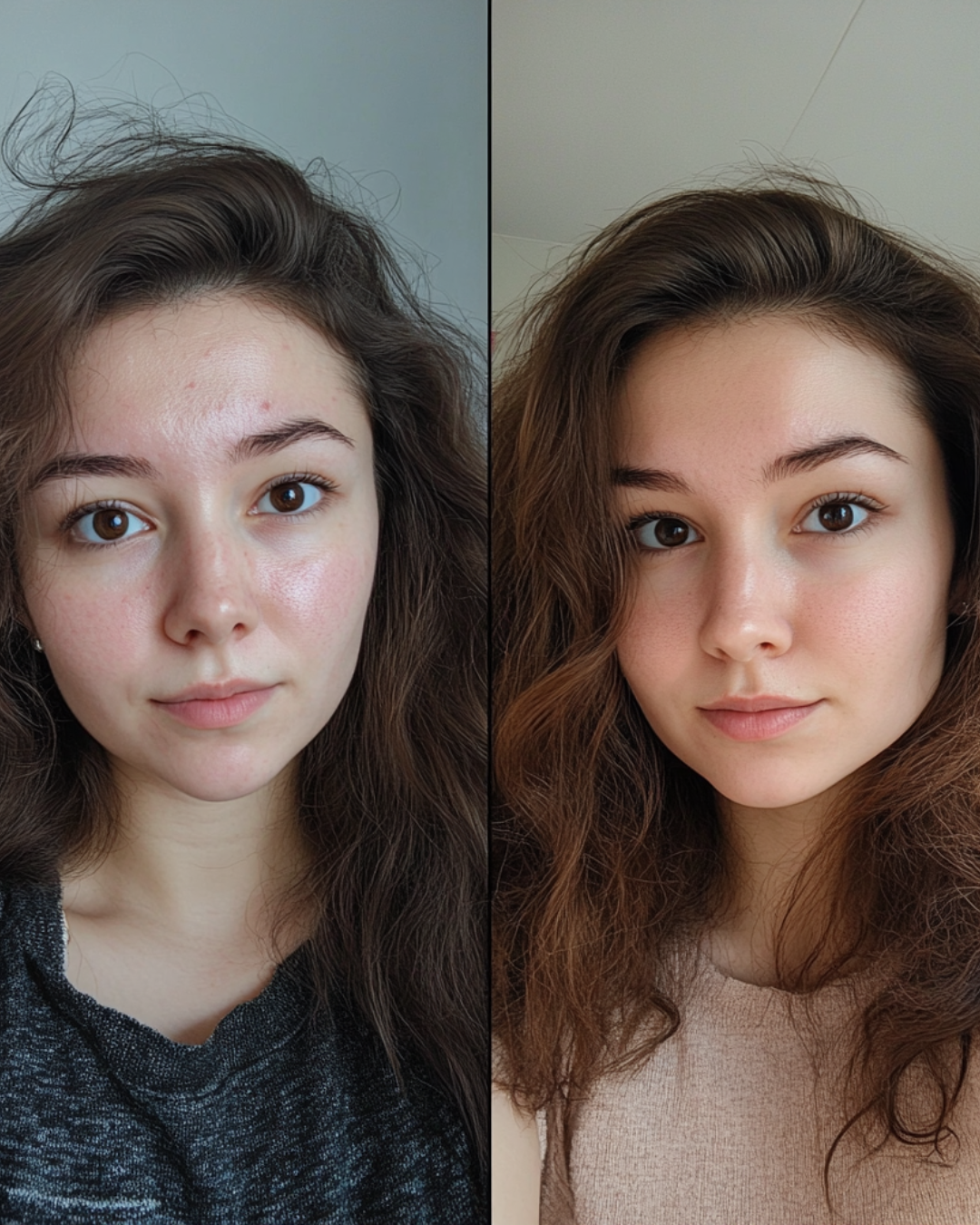 Side-by-side comparison of a young woman before and after makeup and hair styling, with the woman in casual clothing in a neutral background.