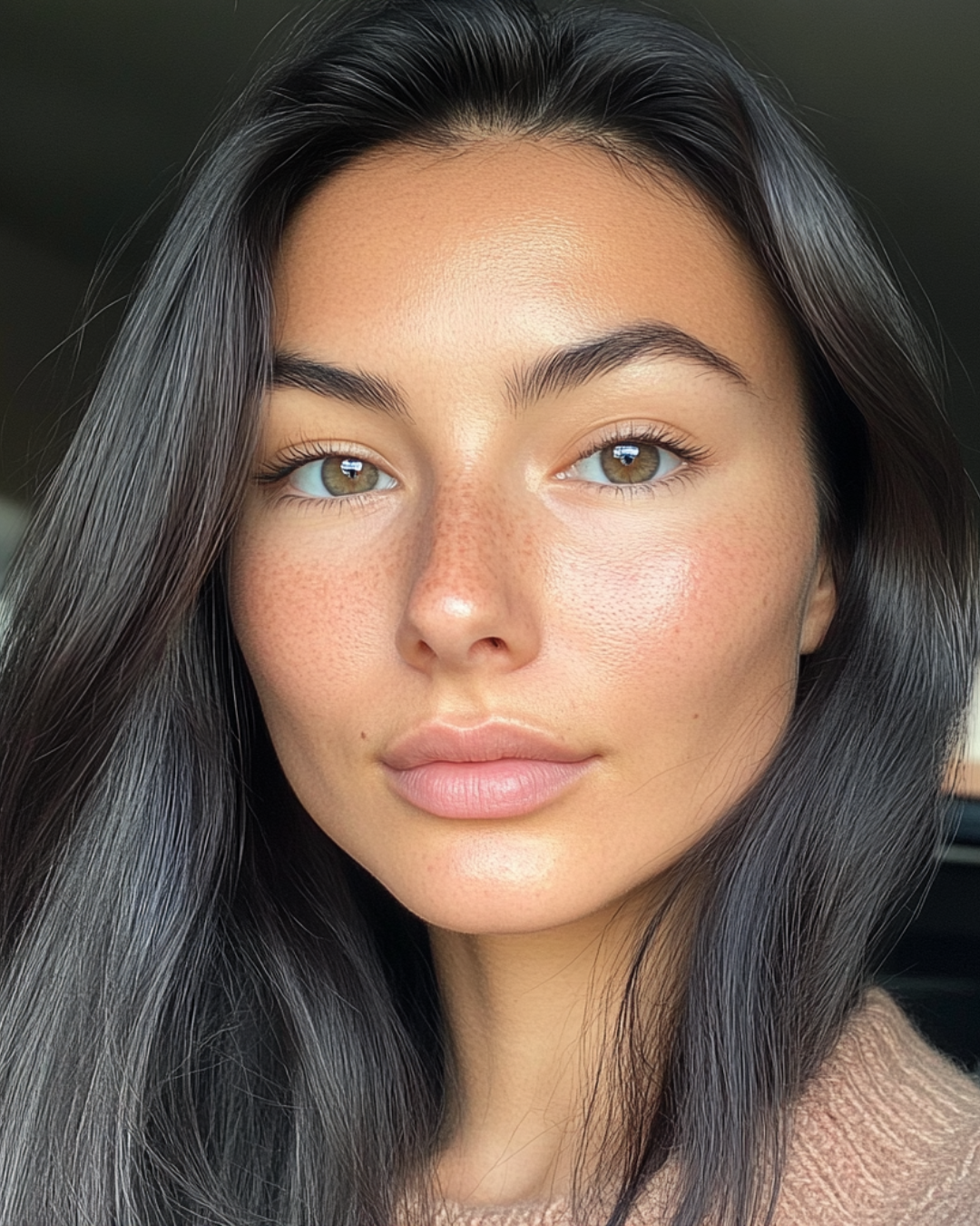 A close-up portrait of a young woman with long, dark hair, light brown eyes, and clear skin with freckles, looking directly at the camera.