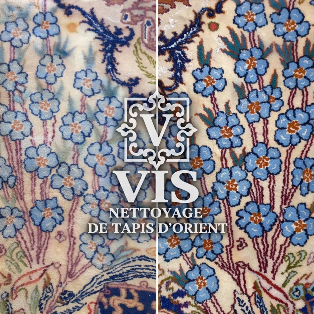 Deux tapis orientaux avec motif floral bleu et beige, avec texte en français 'VISO NETTOYAGE DE TAPIS D'ORIENT' en superposition.