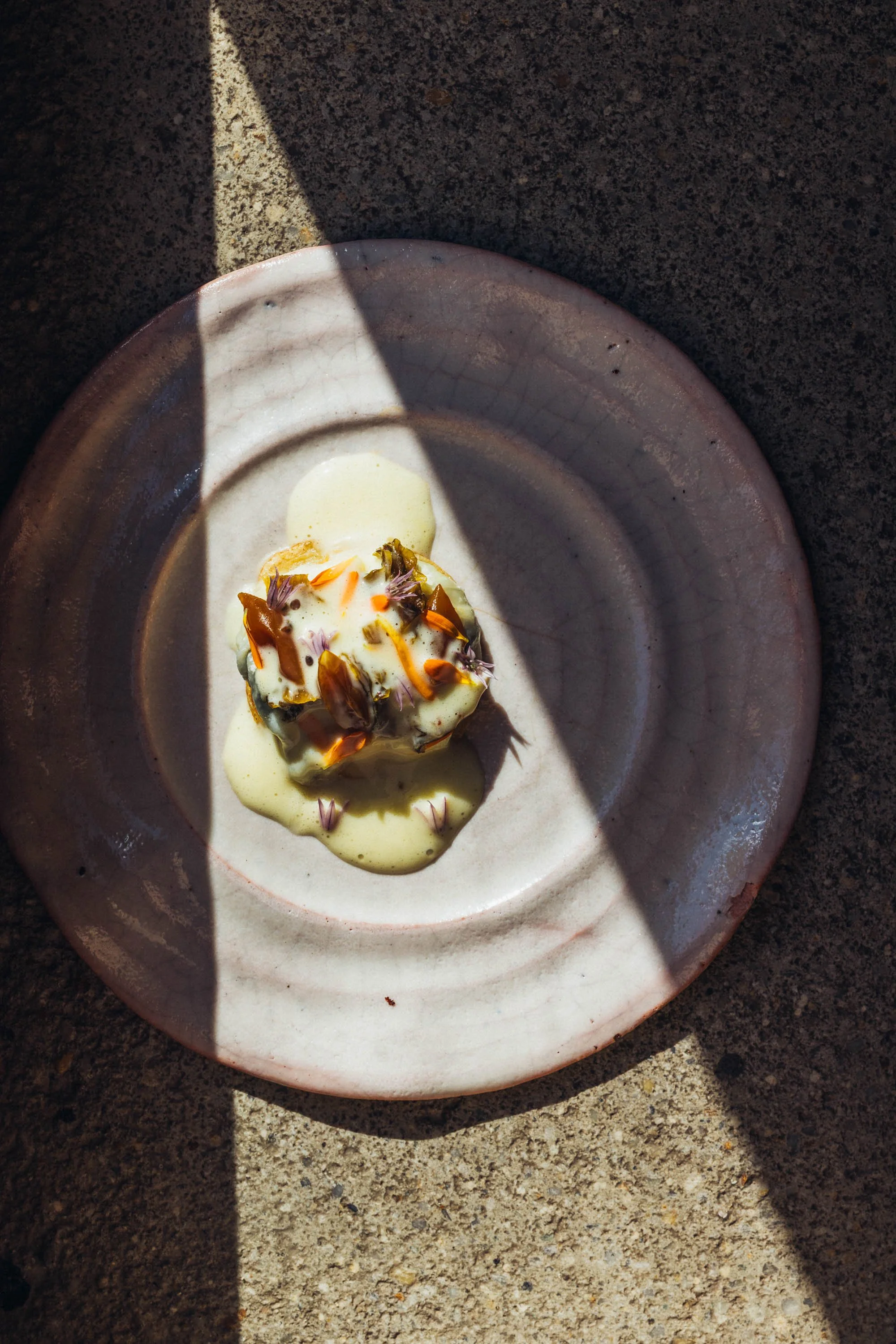Ein Teller mit einem Gericht, das mit Blüten und einer cremigen Soße garniert ist, liegt auf einer Steinoberfläche, teilweise im Schatten.