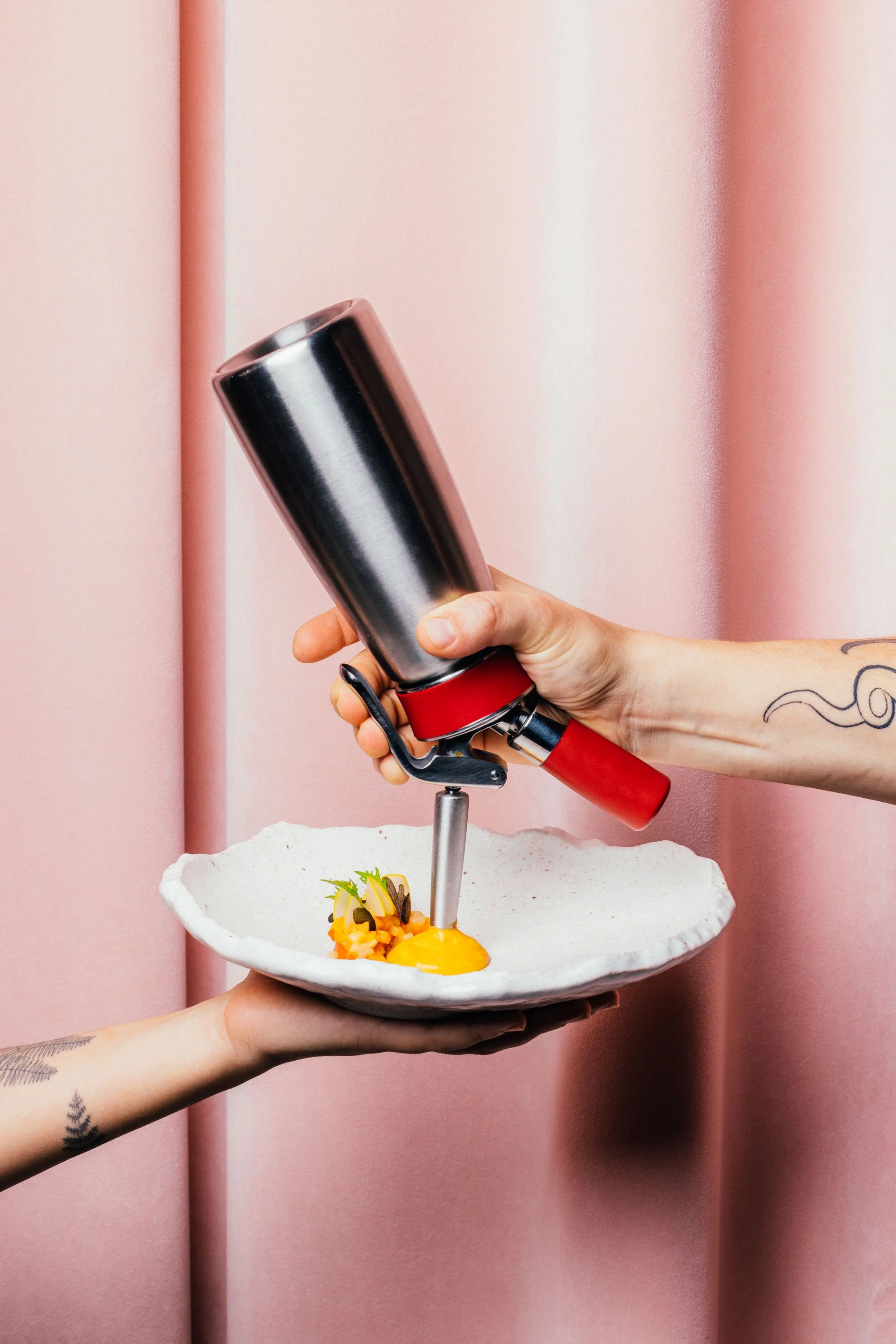 Person drückt Essen mit einer Küchenpresse auf einen Teller