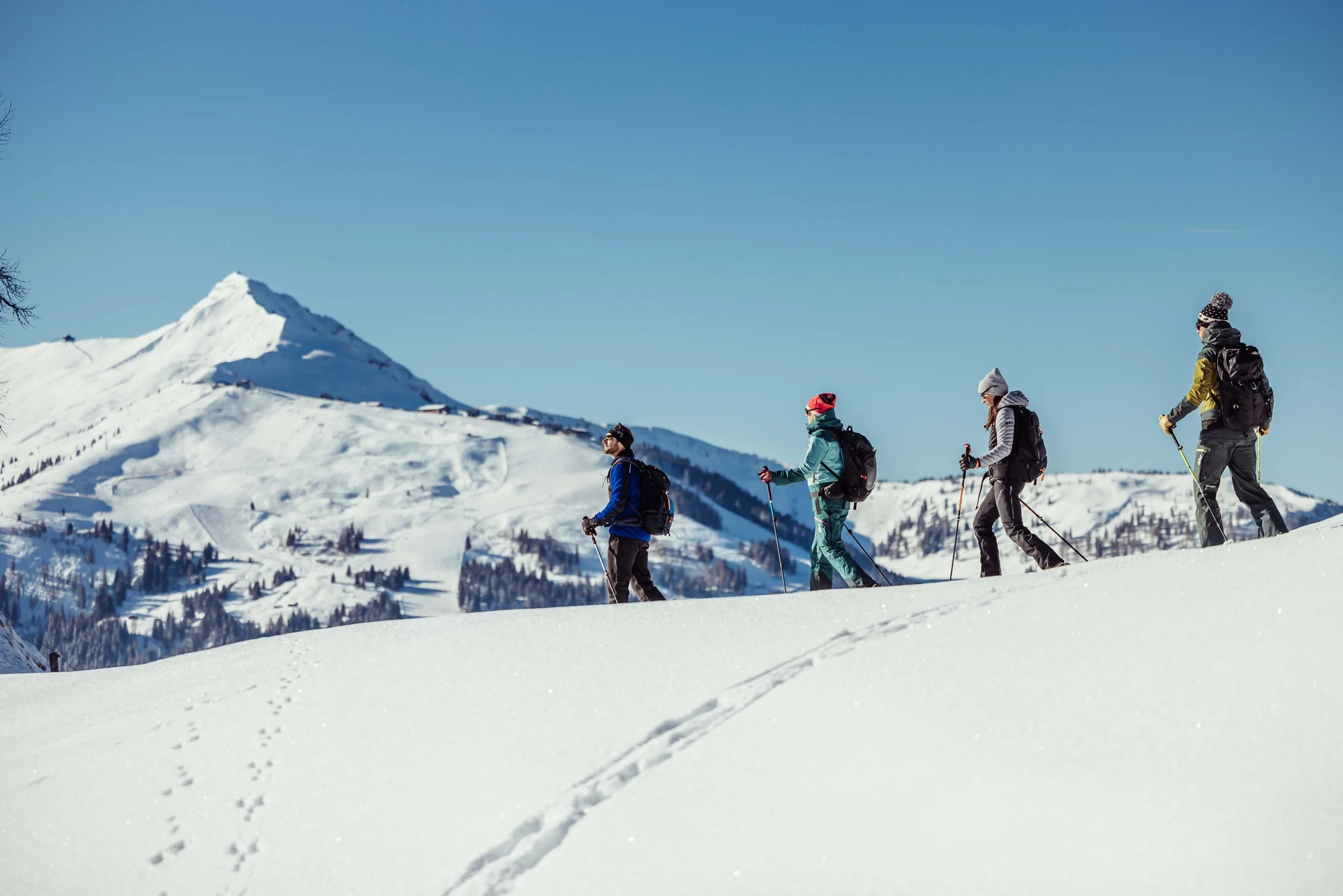 Vier Personen beim Skitouren in verschneiter Berglandschaft mit blauen Himmel.