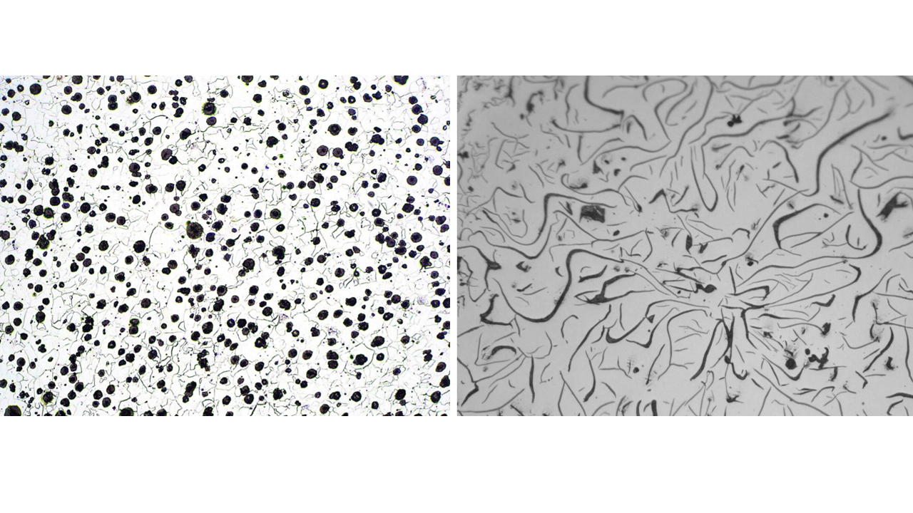 Microstructure comparison showing nodular graphite in ductile iron vs graphite flakes in grey cast iron.