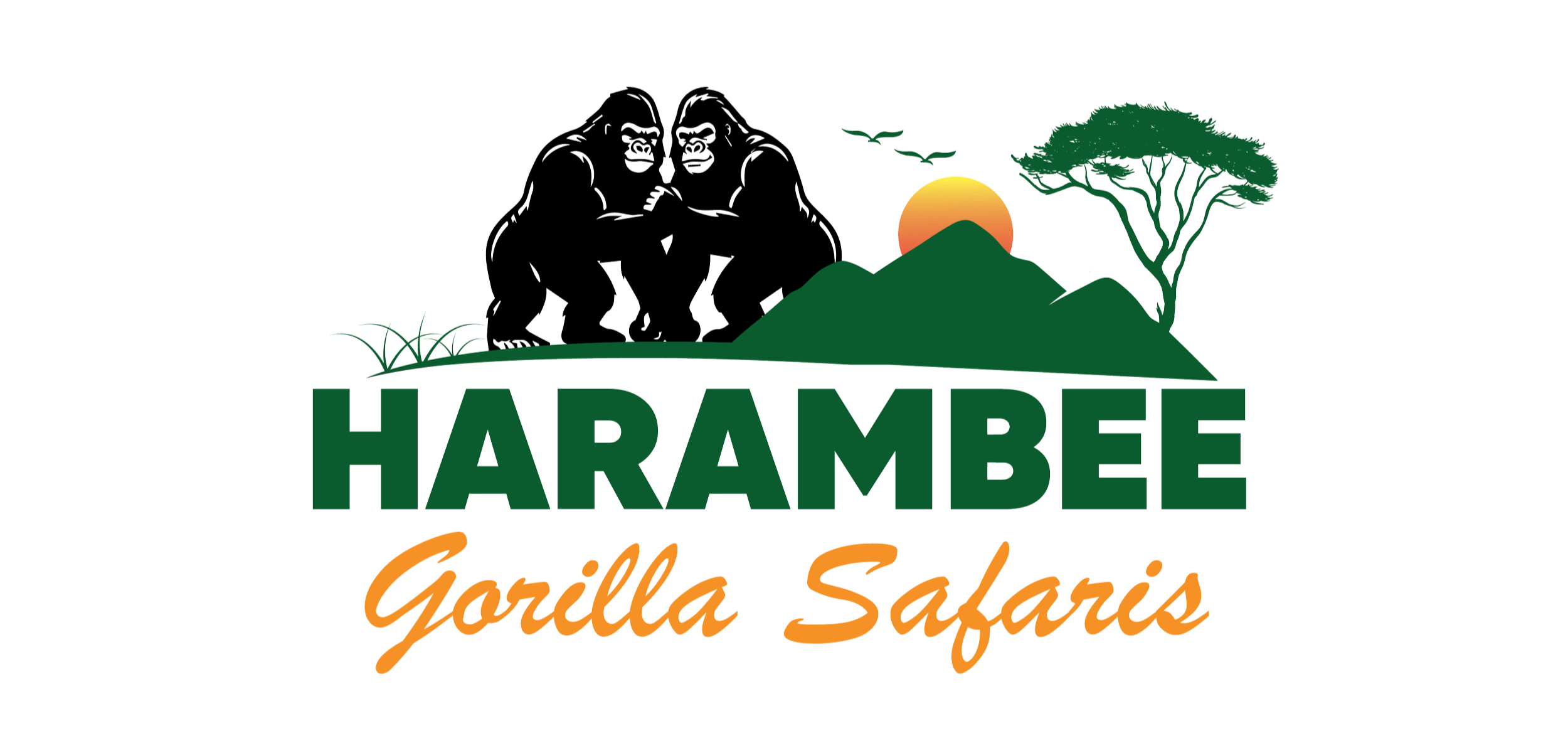 Logo for Harambee Gorilla Safari showing two gorillas facing each other, a mountain, a tree, and a sunset in the background. Text reads 'Harambee Gorilla Safari'.