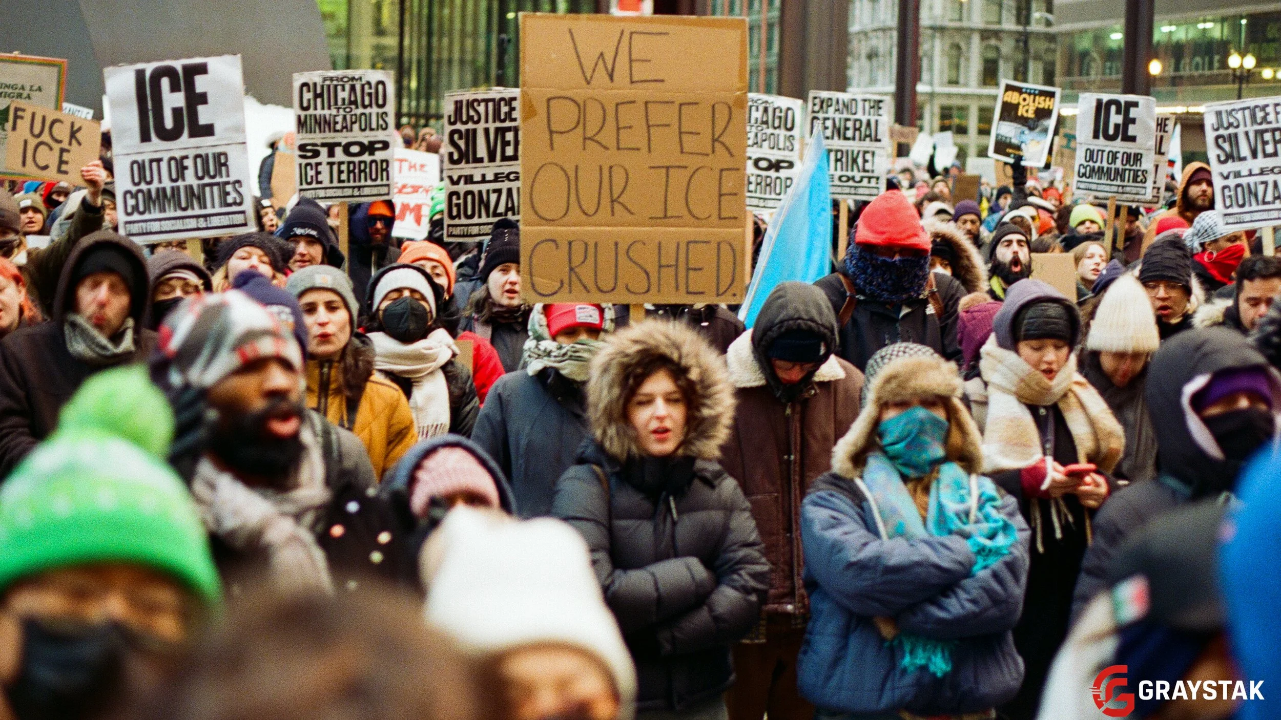 Crowd of protesters holding signs that read approximately 'WE PREFER OUR ICE CRUSHED,' 'F*** ICE,' 'JUSTICE SILVER,' and 'EXPAND THE GENERAL STRIKE.' People are bundled up in winter clothing, with some wearing masks and hats, gathered in an urban are