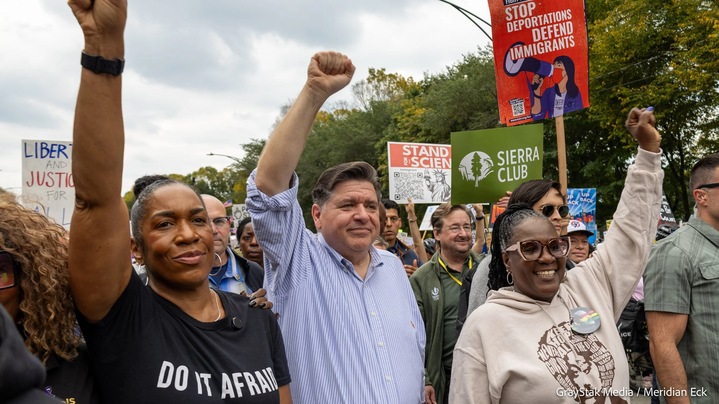 Juliana Stratton and Governor JB Pritzker at No Kings 2 rally in Chicago