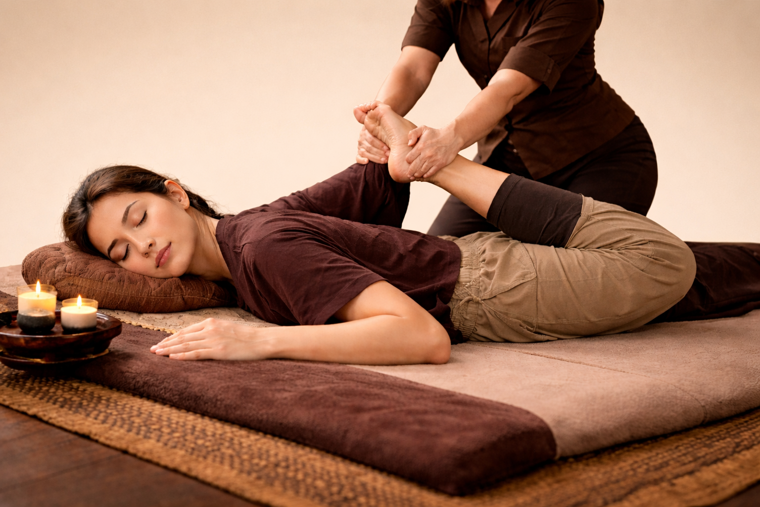 A woman receiving a massage while lying on a padded mat with candles nearby.