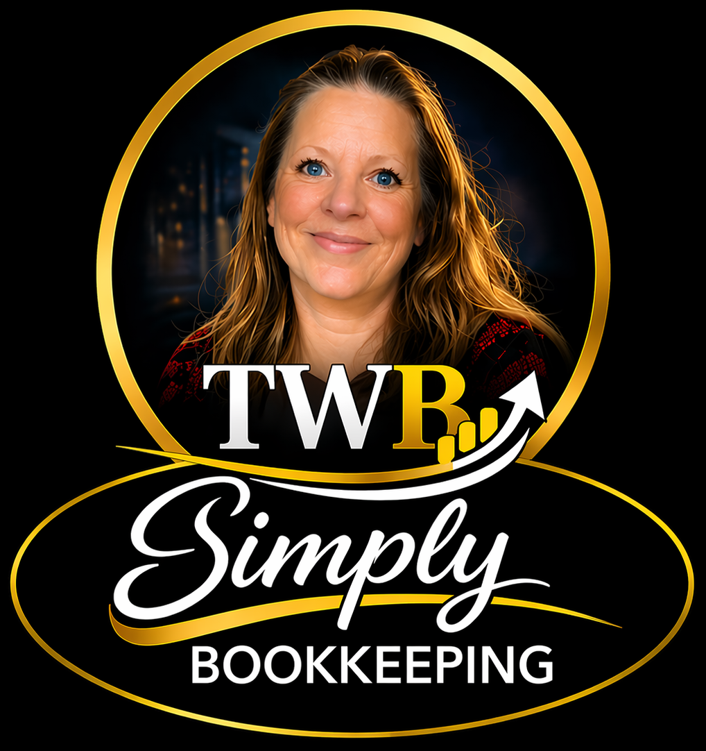 A woman with blonde hair and blue eyes smiling in front of a dark background, with the text 'TWR Simply Bookkeeping' and a gold circular border around her photo.