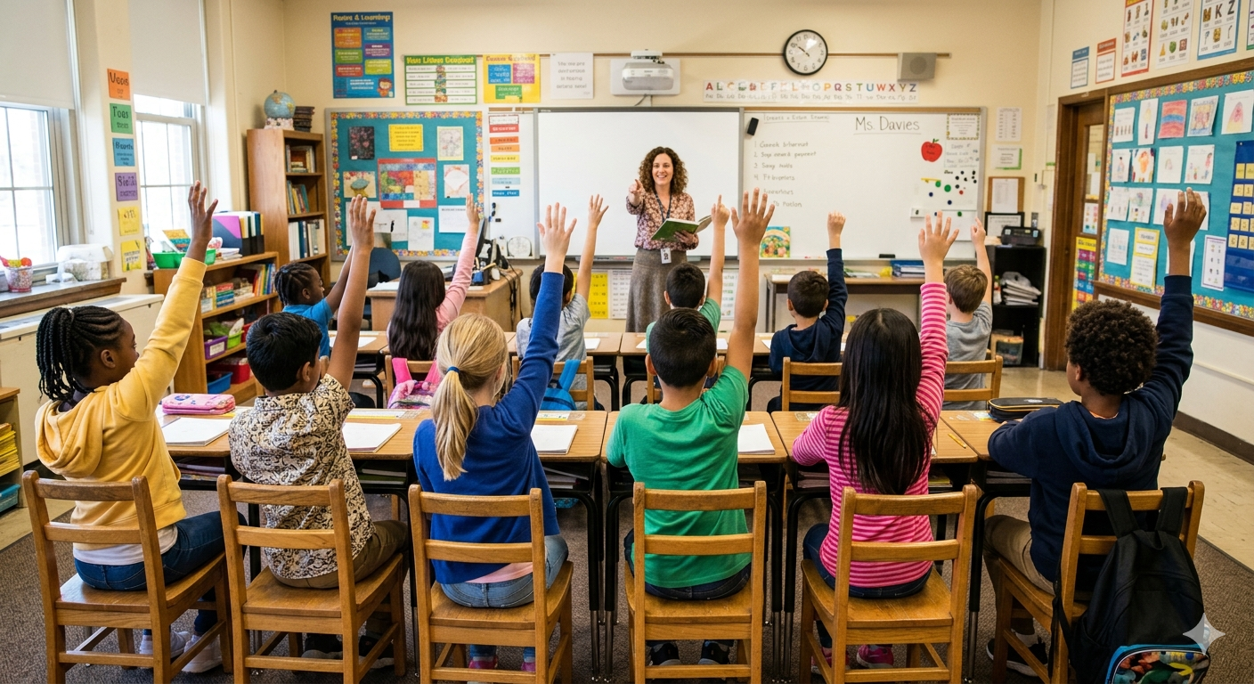 children at a desk raise their hands for their teacher