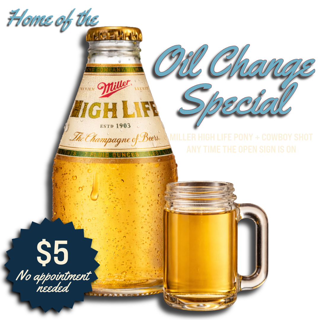 An advertisement featuring a bottle and a mug filled with beer, with text promoting oil change specials for five dollars, no appointment needed, and a decorative design.
