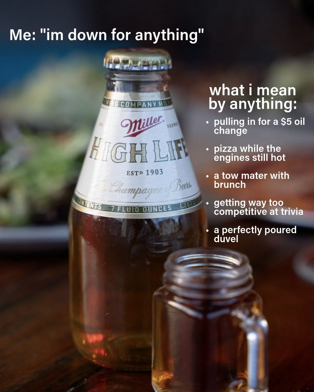 Confession: we&rsquo;re down for anything. 🏎️
By anything we mean&hellip;
⚬ pulling in for a $5 Oil Change
⚬ pizza while the engine&rsquo;s still hot
⚬ a Tow Mater with brunch
⚬ getting way too competitive at trivia
⚬ and a perfectly poured @duvelus