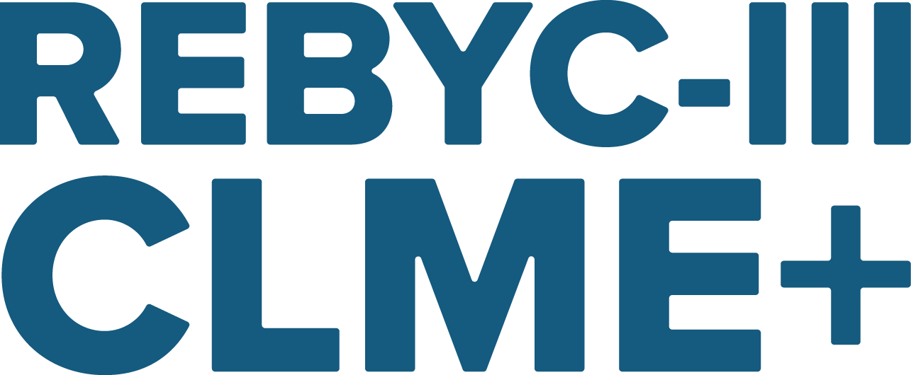 Bold text reading 'REBYC-III CLME+' in blue color, with a dark background.