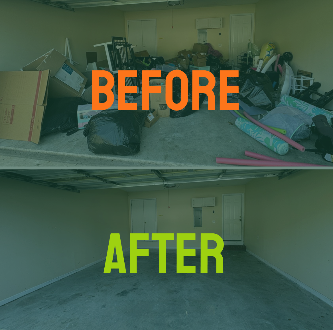 Comparison of a cluttered garage before cleanup and a clean, empty garage after cleaning.