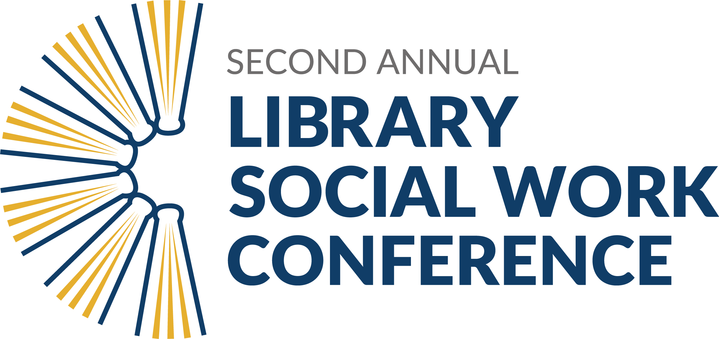 Logo for the Second Annual Library Social Work Conference, featuring a stylized open book with blue and yellow lines and text in gray and dark blue.