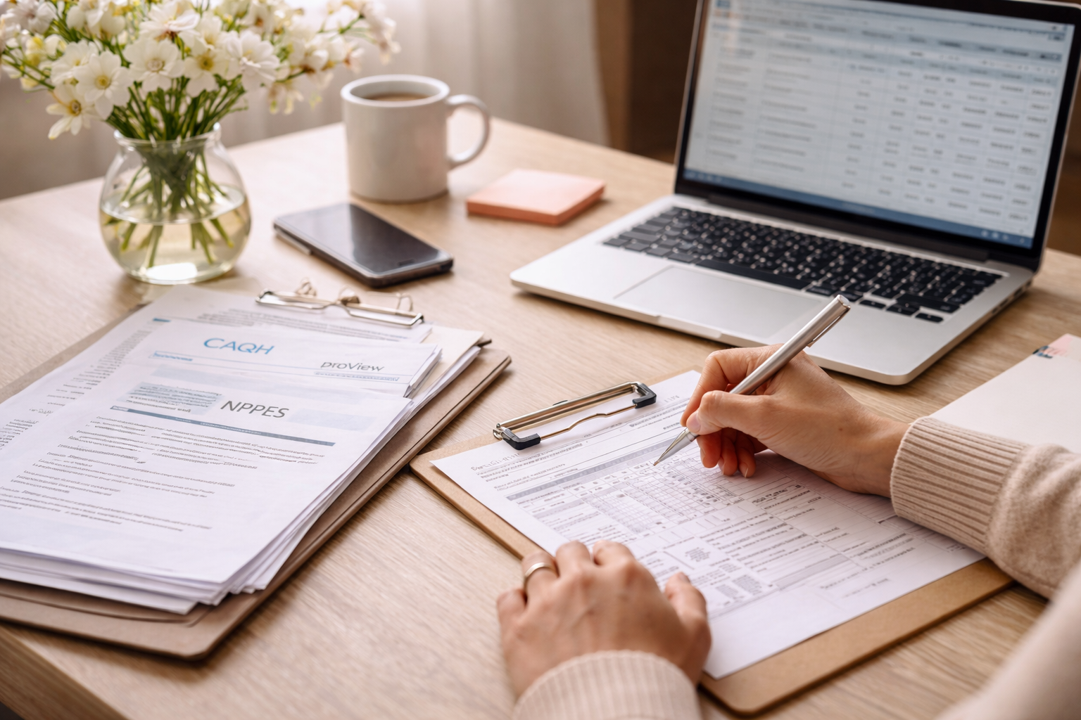 A person reviewing financial documents at a desk with a laptop, smartphone, coffee, and a vase of white flowers.