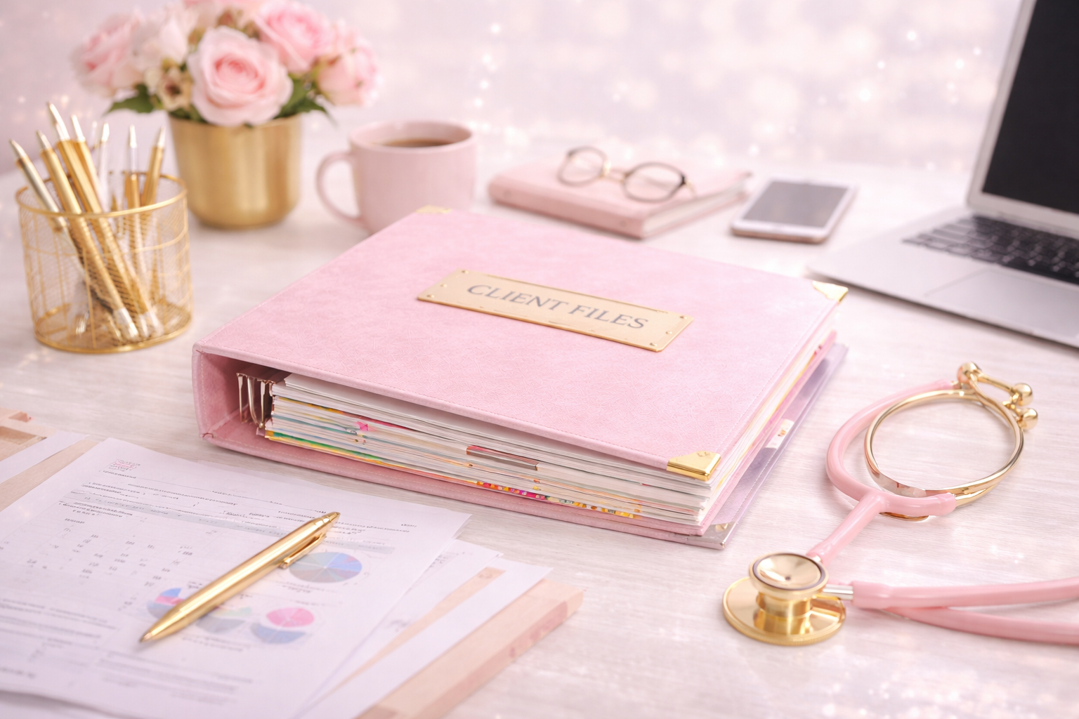 A pink binder labeled "Client Files" on a white desk, surrounded by a gold pen, printed documents, a gold flower pot with pink roses, a white coffee mug, a pair of glasses, a smartphone, an open laptop, and a pink stethoscope.