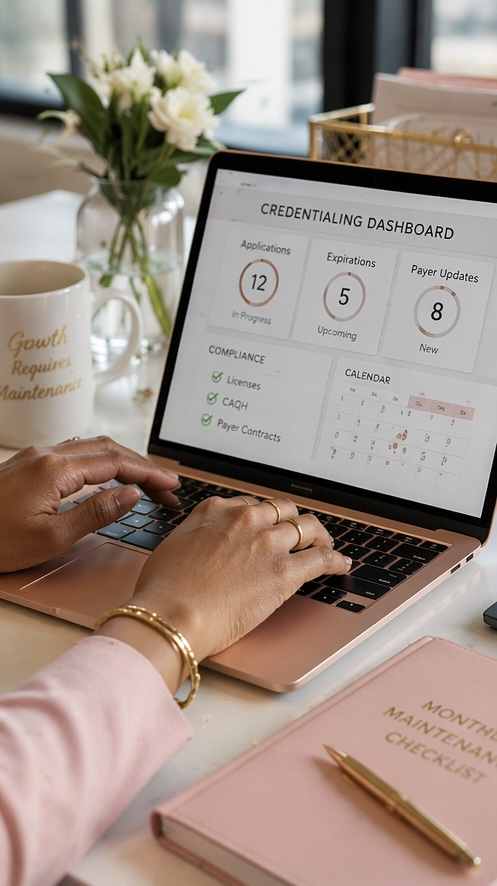 Person working on a credentialing dashboard on a laptop at a desk with a pink planner, a white mug, a vase with white flowers, and office supplies.