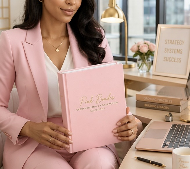 A woman in a pink suit sitting at a desk holding a pink binder titled 'Pink Binder Credentialing & Contracting Solutions'. The desk has a laptop, a coffee cup, and some books, with a framed inspirational quote in the background.