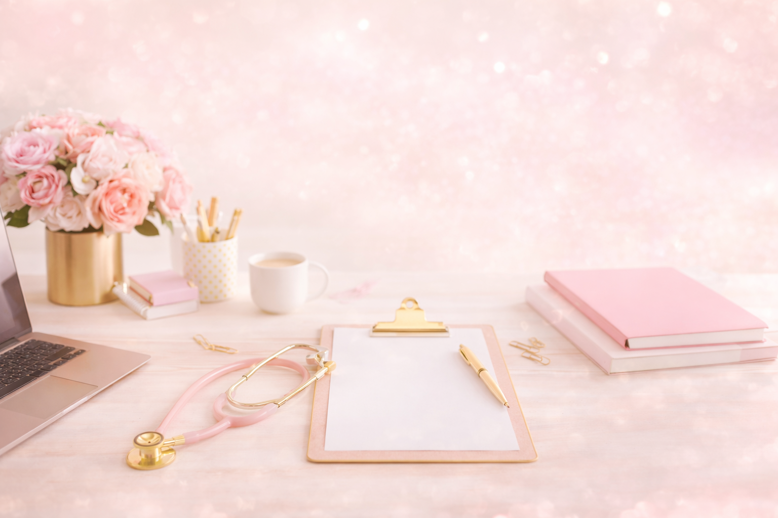A pink and gold medical-themed workspace with a stethoscope, clipboard, pen, pink notebooks, a white coffee mug, and a bouquet of pink flowers on a light pink background.