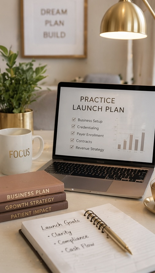 Desk with a laptop displaying a practice launch plan checklist, a coffee mug labeled 'FOCUS', stacked business books, a notebook with launch goals, a potted plant, and a framed inspirational quote on the wall.