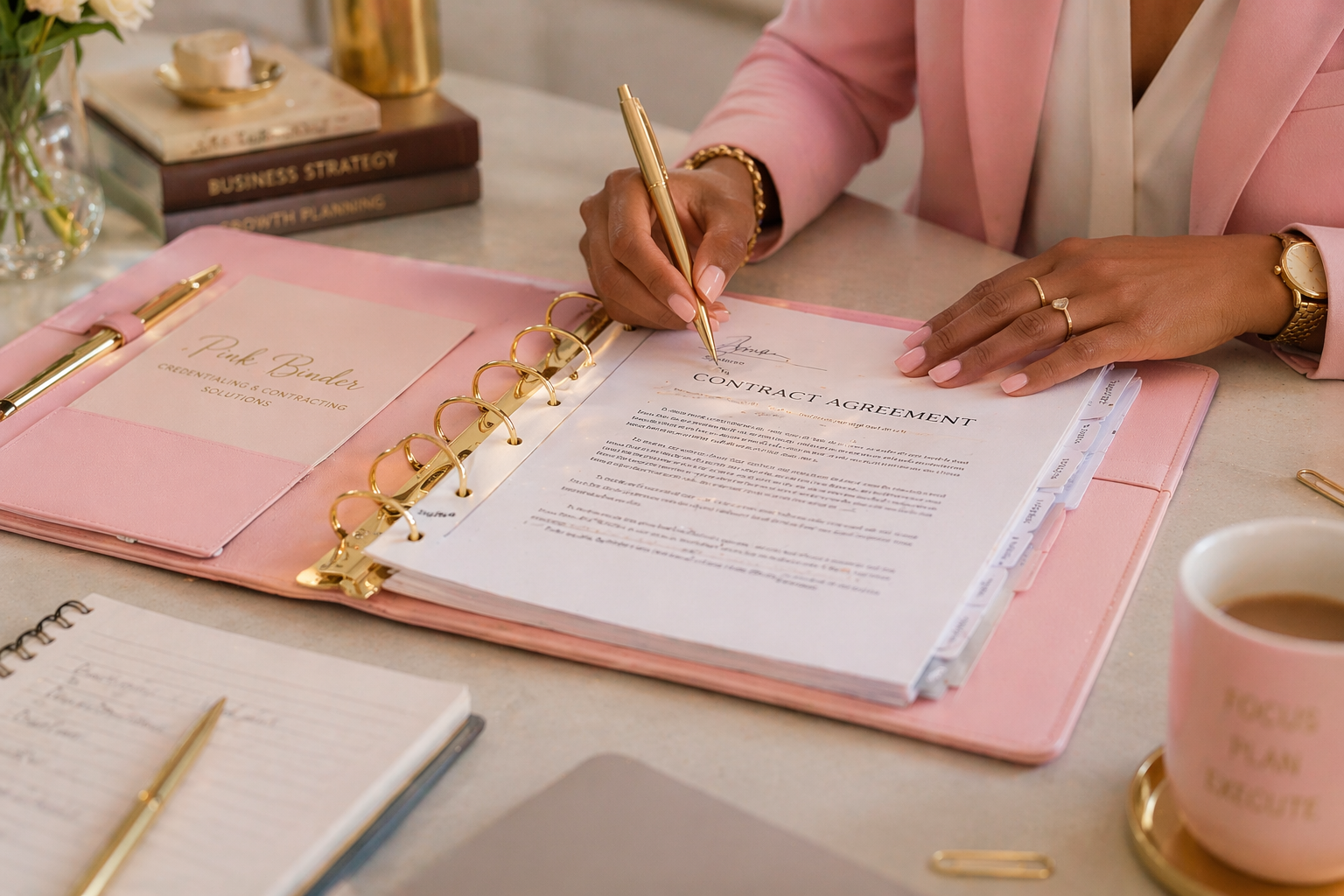 Person signing a contract at a desk with pink and gold accessories, a coffee mug, a notebook, and books in the background.