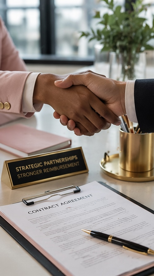 Two people shaking hands over a contract agreement at a desk with a sign that says 'Strategic Partnerships Stronger Reimbursement,' a pen, and some office supplies.
