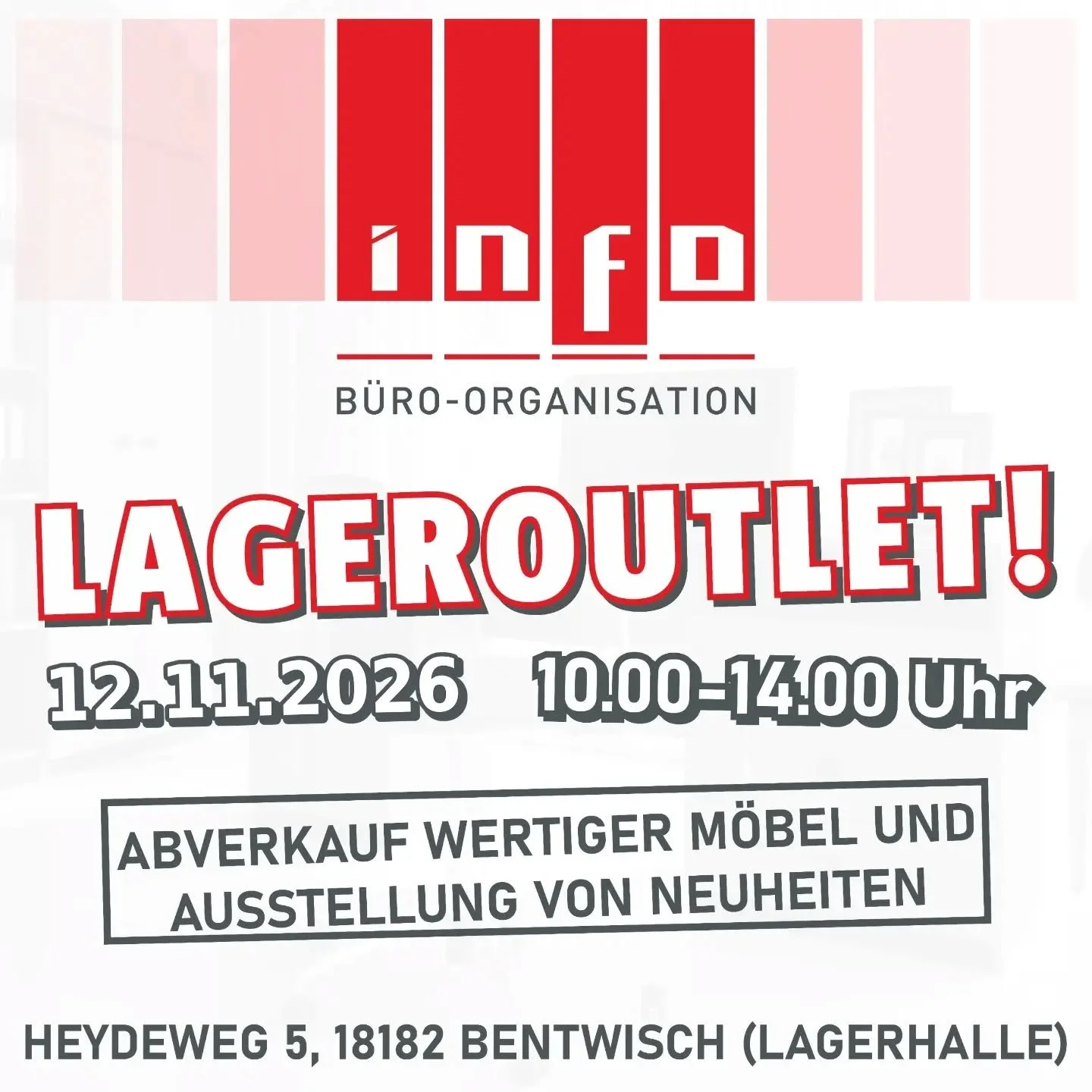 Dein Schreibtisch wackelt, dein Drucker streikt und dein Stuhl hat auch schon bessere Tage gesehen? 🪑🖨️

Dann plan dir den 12.11. ein!

Bei unserem Lager-Outlet in Bentwisch verkaufen wir wertige M&ouml;bel und Technik ab. 

Ob Homeoffice, Praxis o
