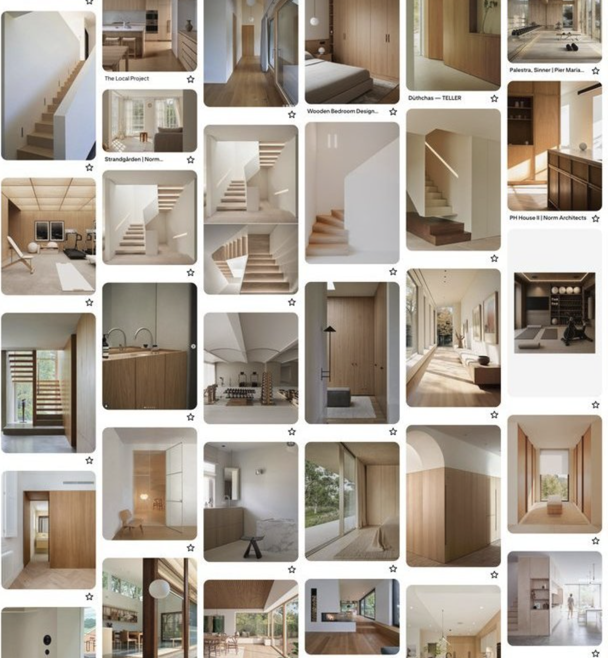 Samenstelling van afbeeldingen van interieurontwerpen van moderne huizen, inclusief trappen, woonkamers, slaapkamers, keukens, en werkenruimtes met hout, wit en natuurlijke kleuren.