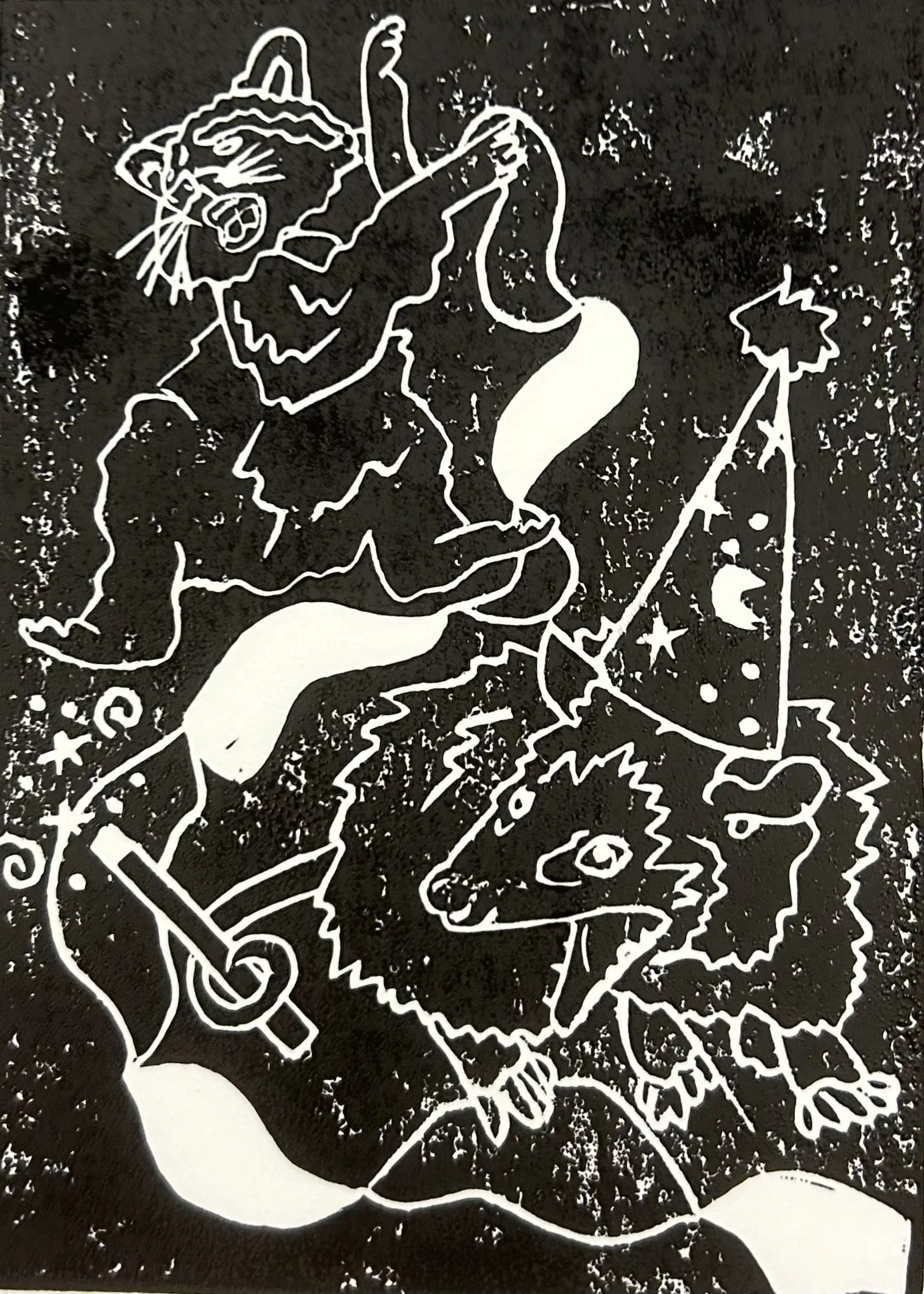 Lino cut "party opossums"