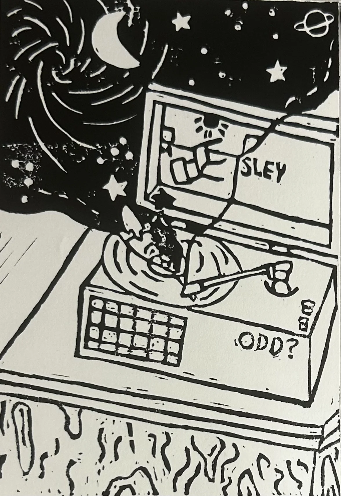 Lino cut "space oddity"